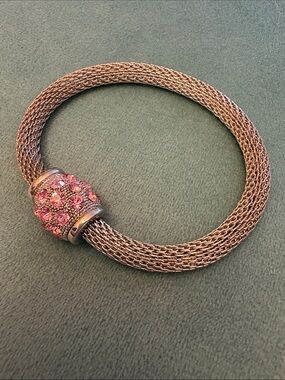 Vintage Silver Tone Mesh Bracelet with Pink Crystals and Magnetic Clasp
